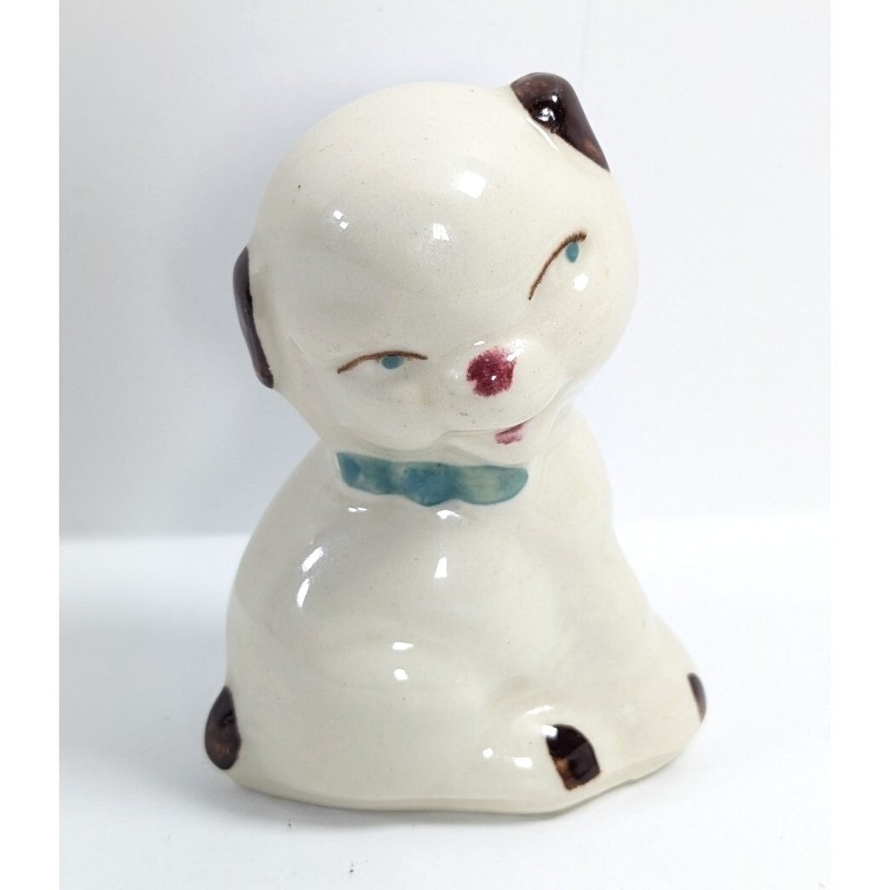 Vintage Ceramic Winking Puppy Dog Figurine White Brown Spots Blue Bow Tie 3.25"